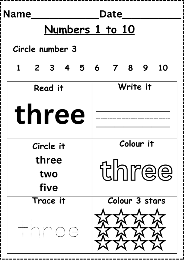 Number Words Worksheets 1 to 10