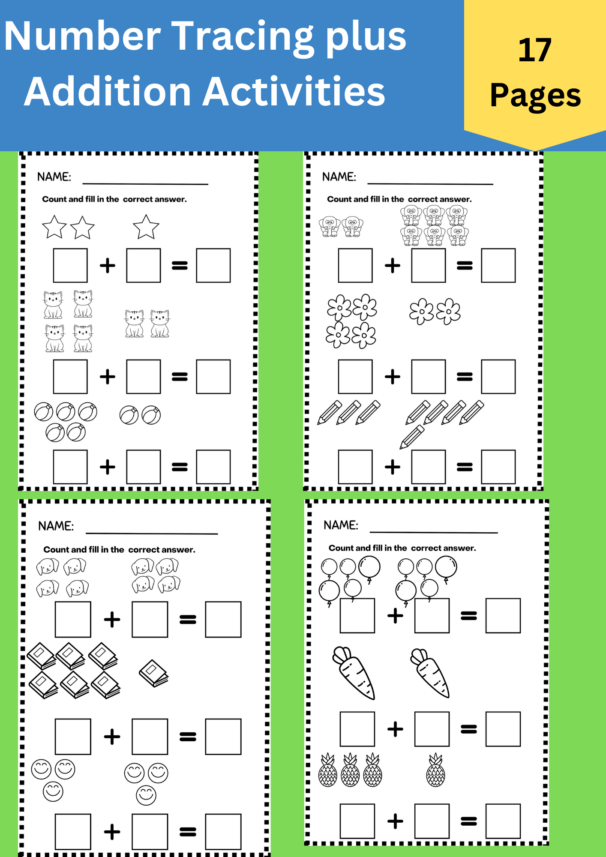 Number Tracing Worksheets 1 to 10 plus addition worksheets