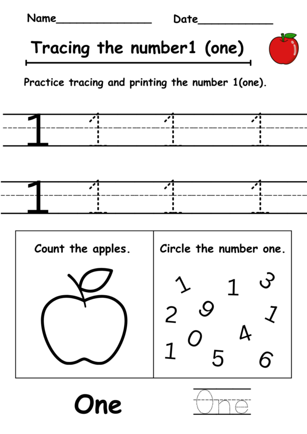 Tracing number 1 free worksheet