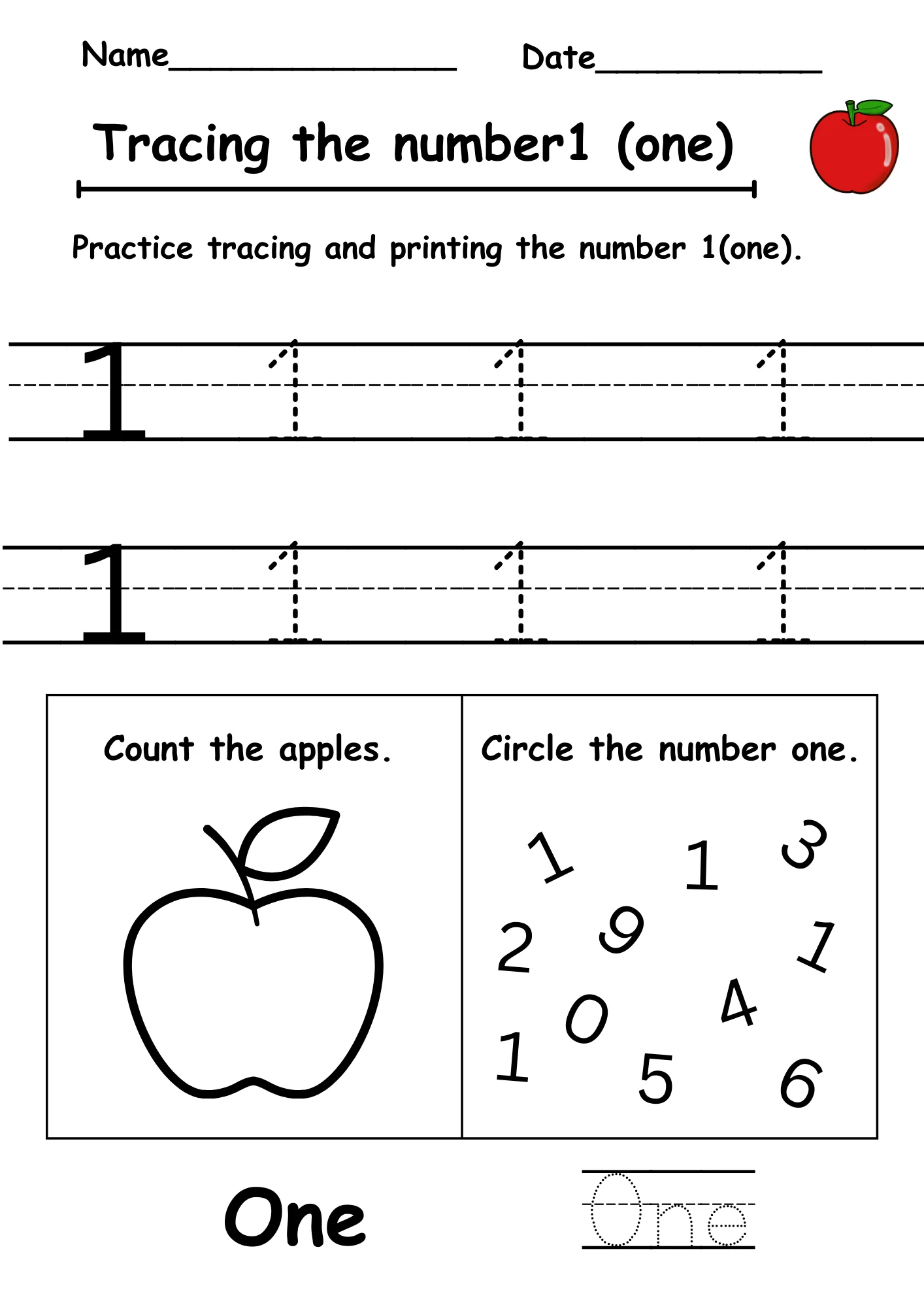 tracing number 1 free worksheet