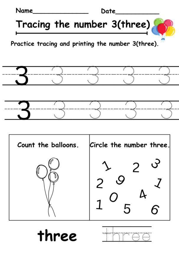 Tracing Number 3 Free Worksheet