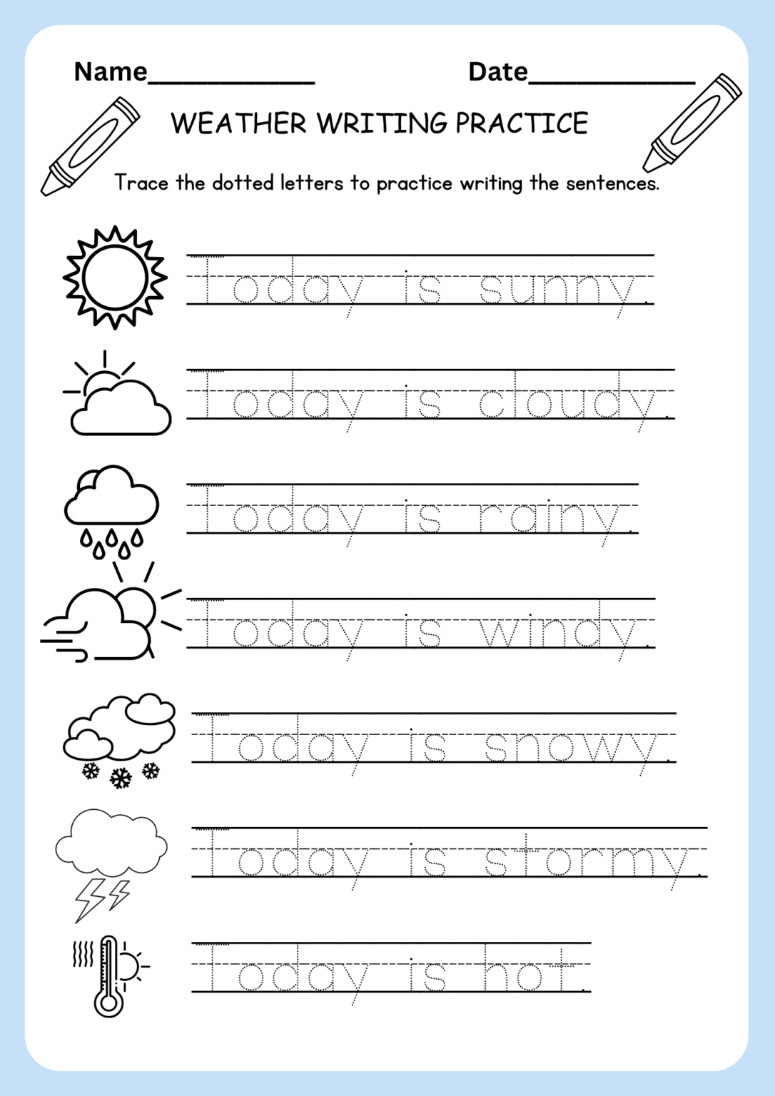 Writing Practice Worksheet for kindergarten Weather (Free)