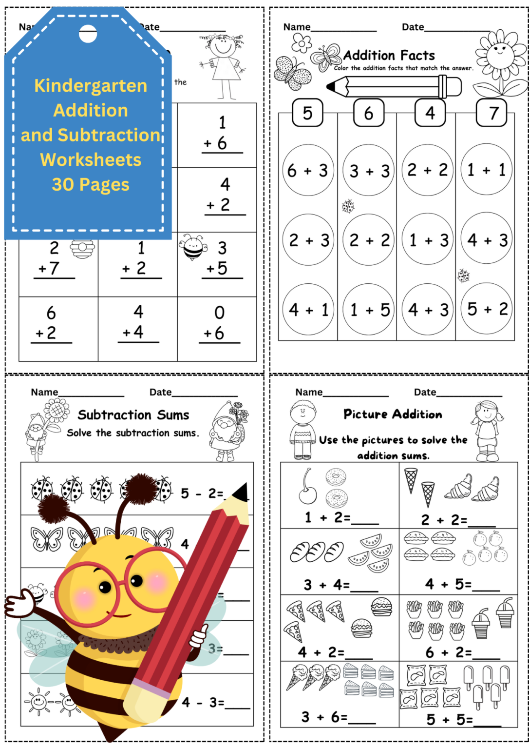 Kindergarten addition and subtraction worksheets (30 Printables