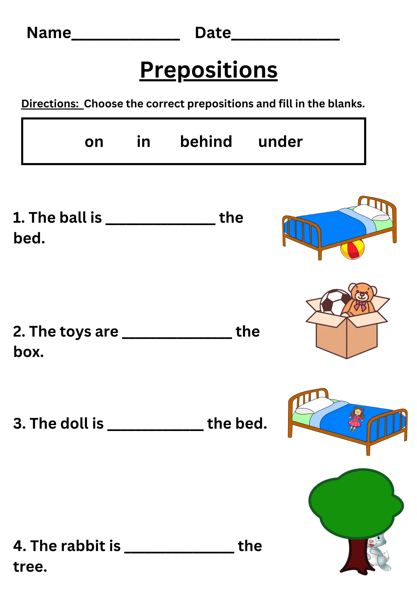 1 preposition worksheet for kindergarten
