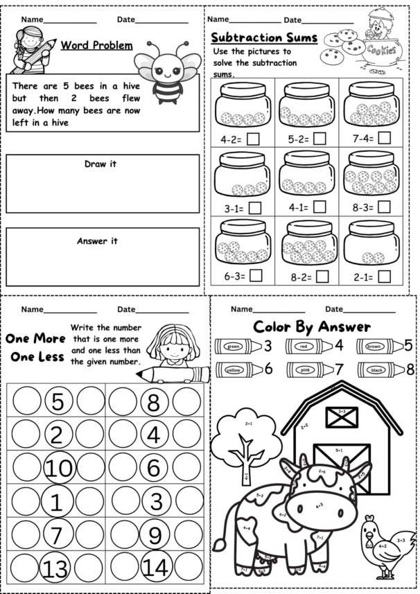 Kindergarten addition and subtraction worksheets (30 Printables