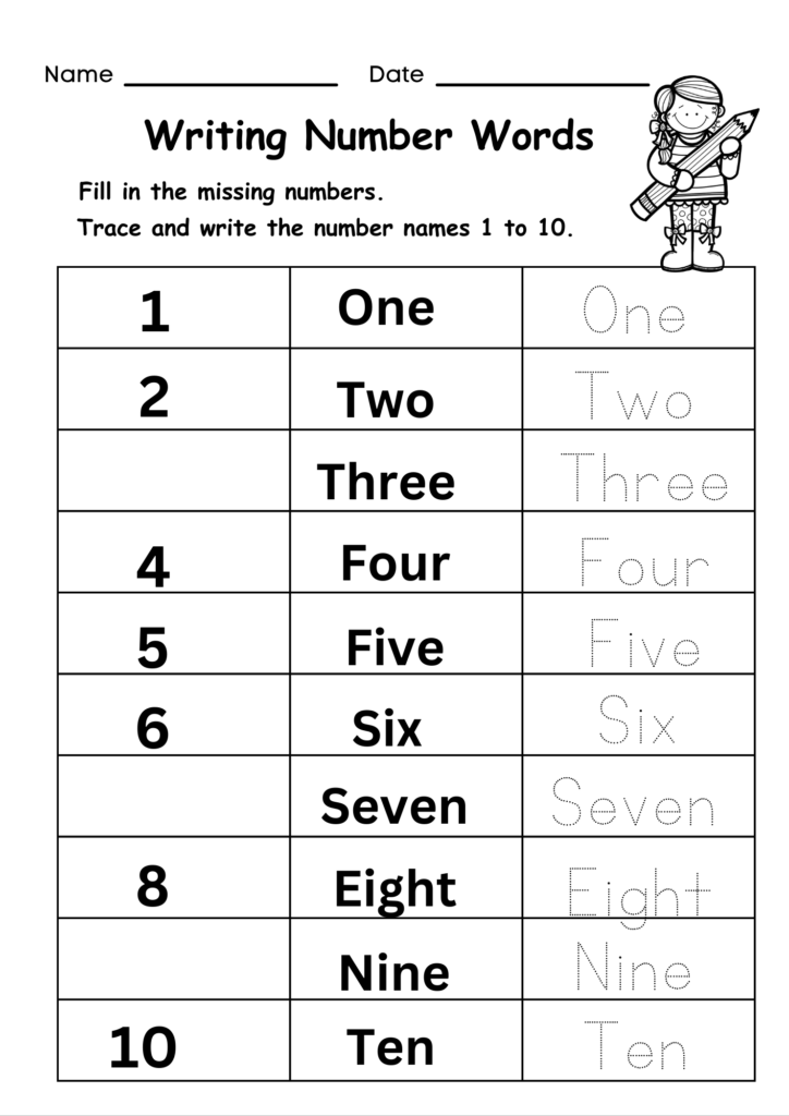 Numbers and Number Words Free PDF ( 1 - 10)