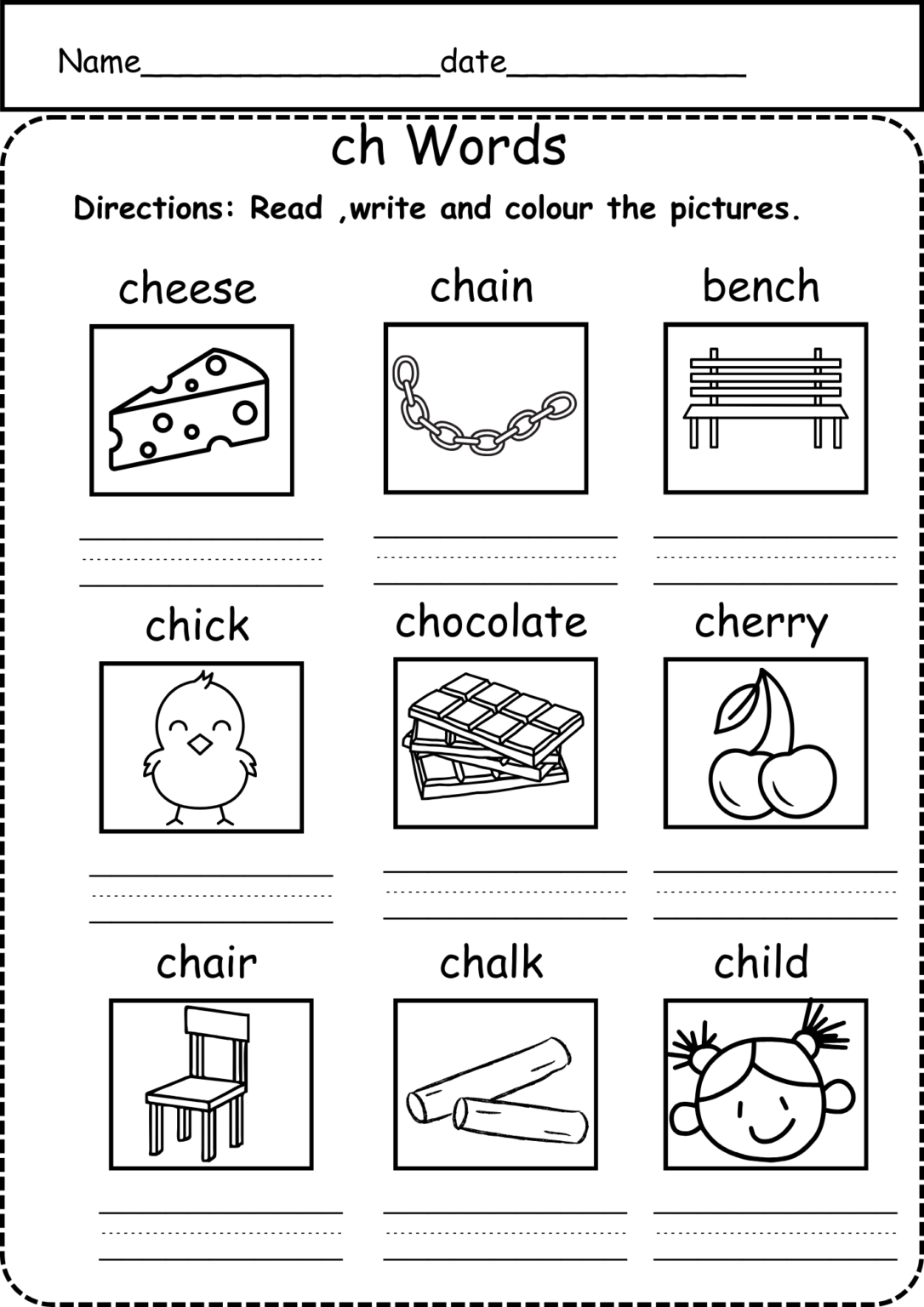 Kindergarten ch words phonics no prep worksheets summer pack