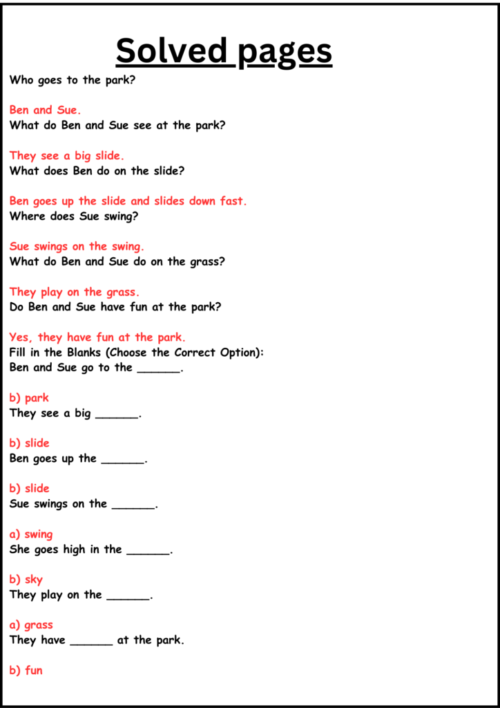 Reading Comprehension Passage for Kindergarten Level A ( Basic Level) Free