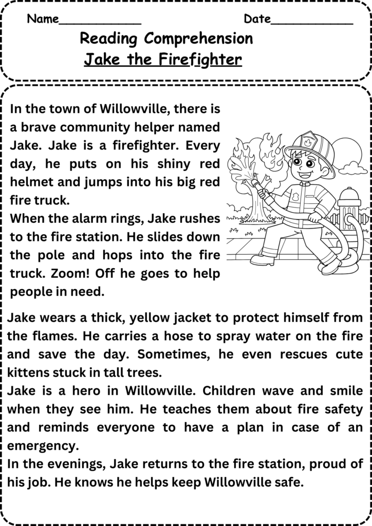 Fire fighter reading comprehension worksheet free