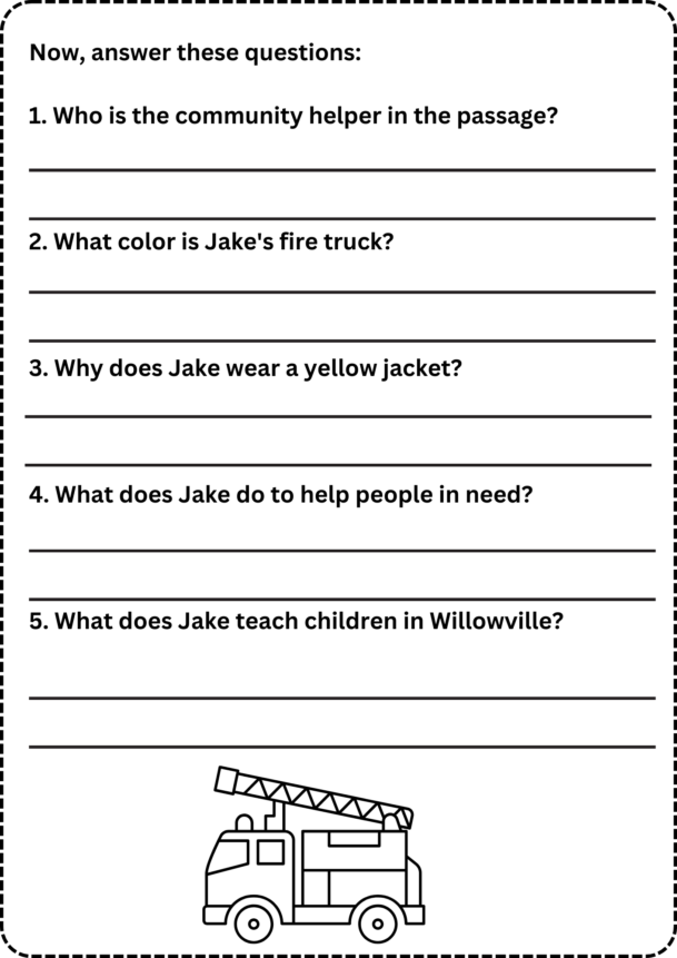 Fire fighter reading comprehension worksheet free