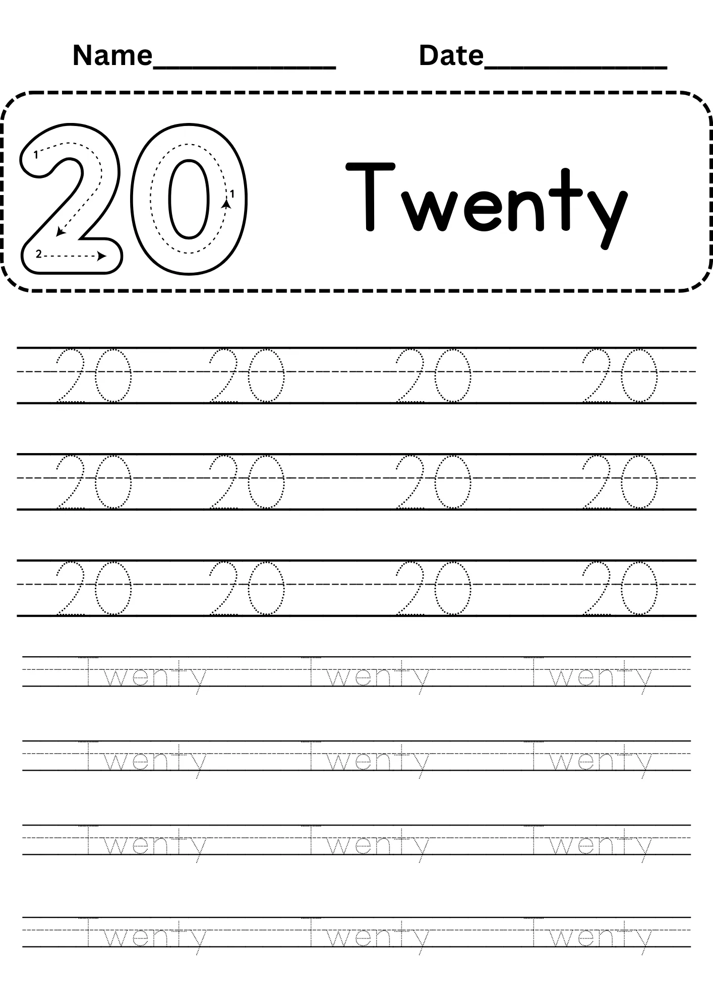 21 Number Tracing 11 to 20