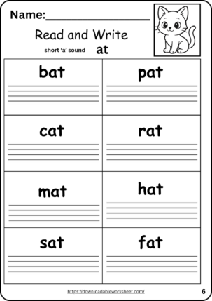 qAt word family worksheet for kindergarten – read and write CVC short a words bat cat hat mat
