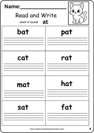 qAt word family worksheet for kindergarten – read and write CVC short a words bat cat hat mat