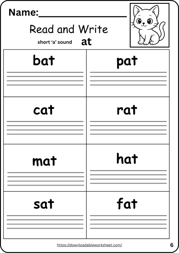 qAt word family worksheet for kindergarten – read and write CVC short a words bat cat hat mat