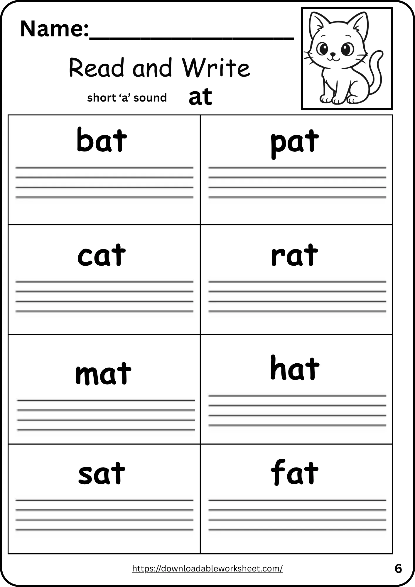 qAt word family worksheet for kindergarten – read and write CVC short a words bat cat hat mat