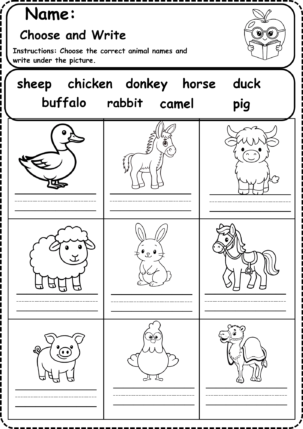 choose and write farm animals worksheet for kindergarten