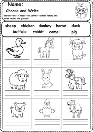 choose and write farm animals worksheet for kindergarten