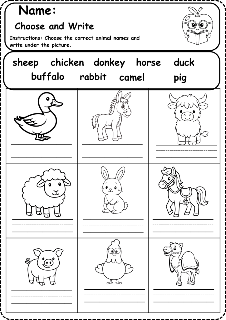 choose and write farm animals worksheet for kindergarten