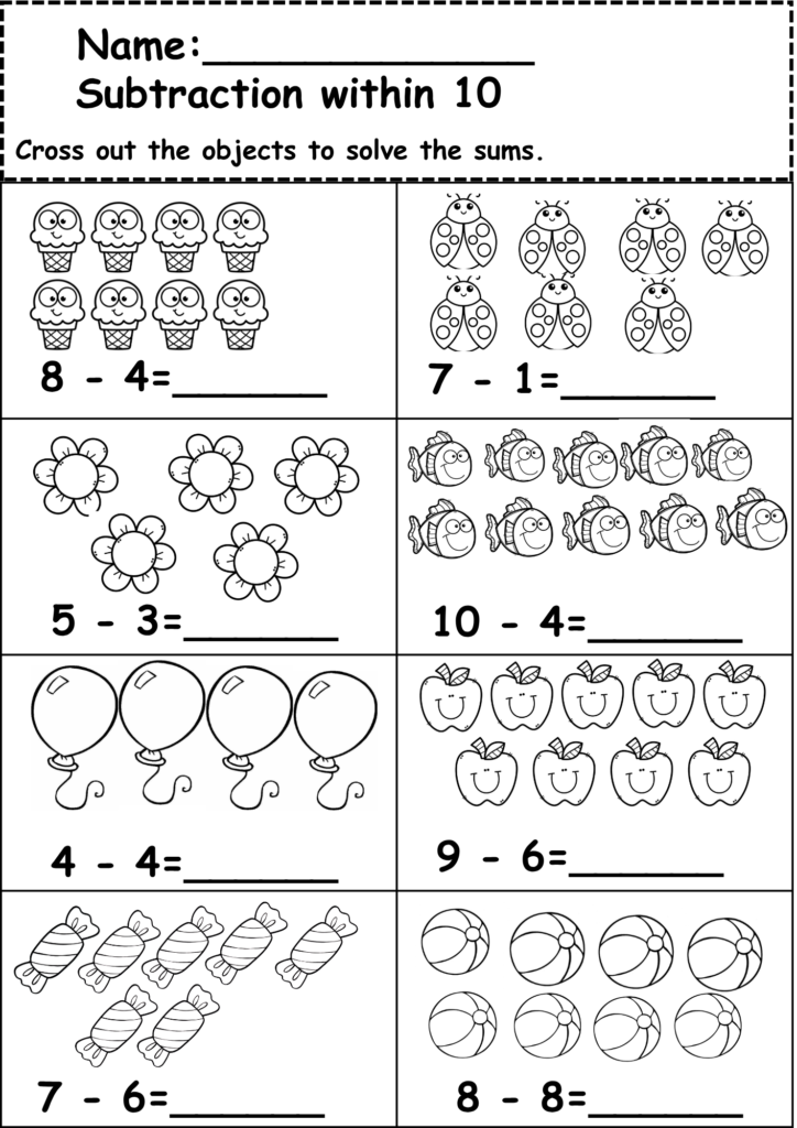 End of the Year Kindergarten Assessment Worksheets  Subtraction