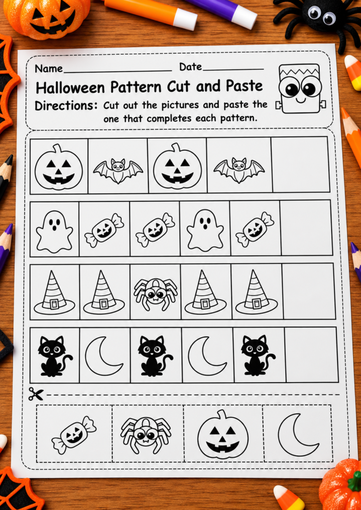 Halloween Pattern Cut and Paste Worksheet