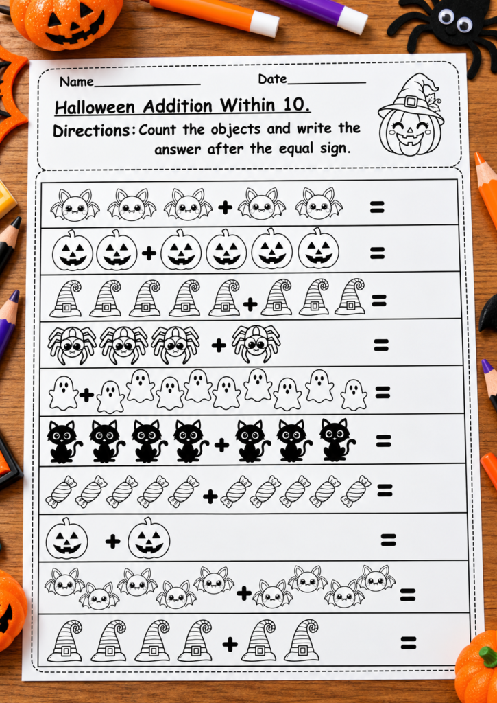 Halloween Addition within 10 worksheet free