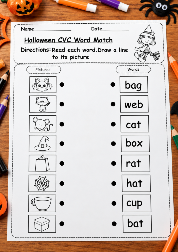 Halloween CVC Word Match Worksheet